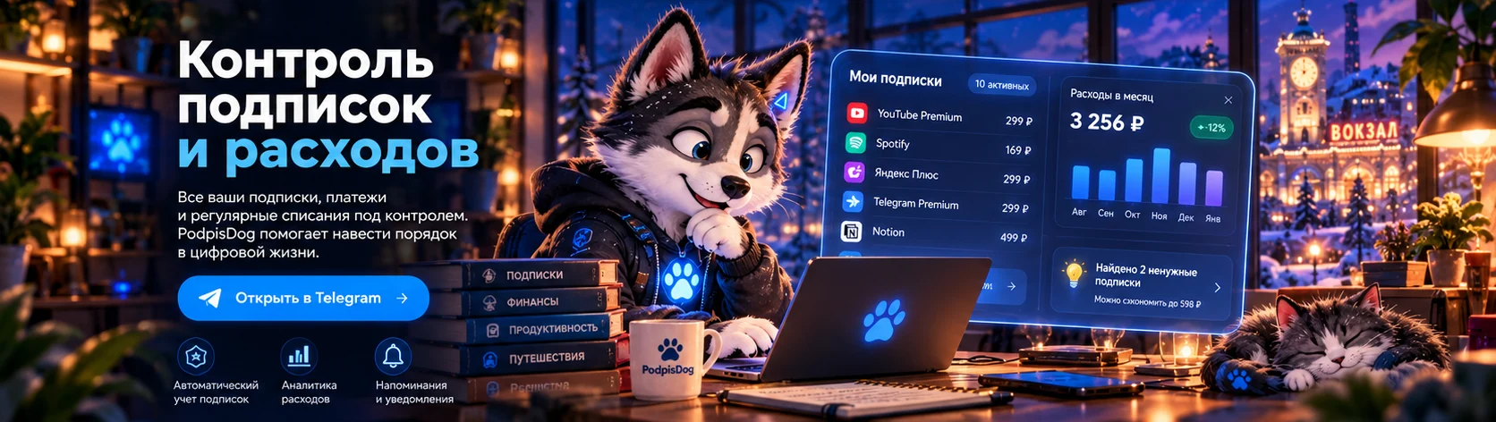 CyberHuski работает за компьютером в зимнем городе. PodpisDog: контроль подписок и расходов. Синяя кнопка «Открыть в Telegram»